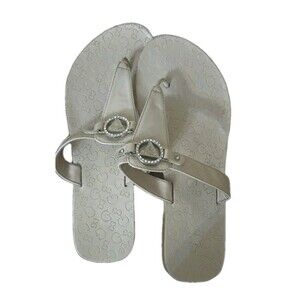 Guess T-Strap Thong Sandals Flip Flops Flats Beige Cream Tan Logos Womens Size 7